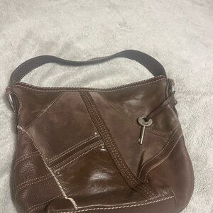 Fossil Brown Patchwork Leather Hobo with Key Charm